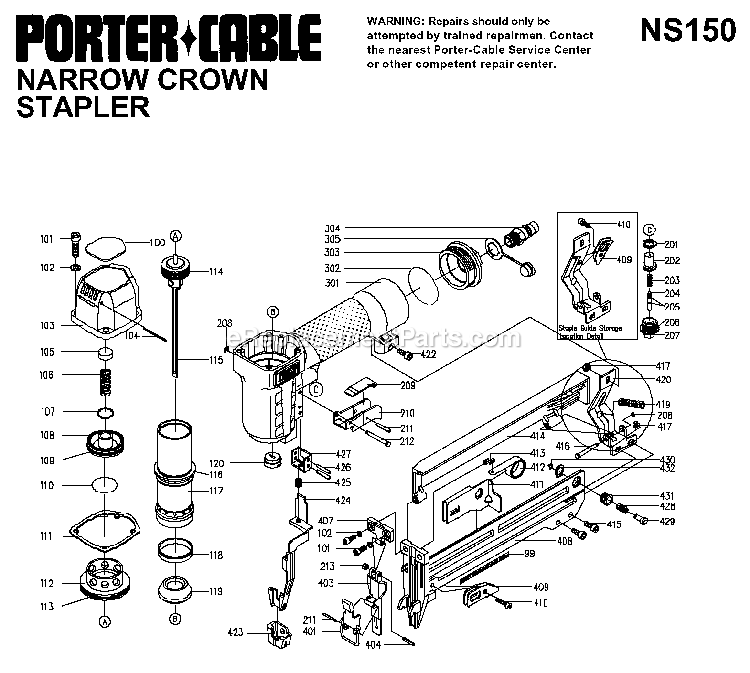 Porter Cable NS150 (Type 1) 1 1/2innc Stapler Kit Power Tool Page A Diagram
